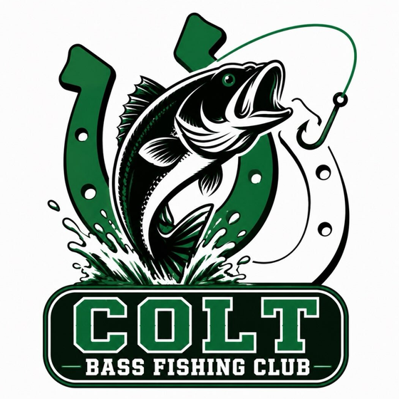 Colt Bass Fishing Club logo: a leaping largemouth bass crossing the Arlington High School horseshoe